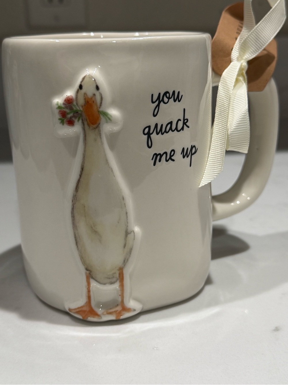 Rae Dunn White Ceramic Duck Mug with Orange Beak and Feet ‘You Quack Me Up’ NWT